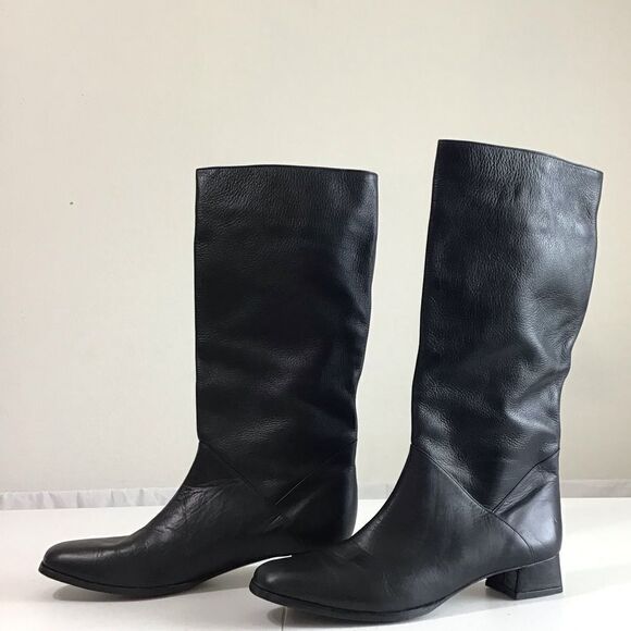 SIAMANTO Knee High Black Leather Riding Boots Pull-On Block Heel Boots Size 91/2 - Picture 8 of 16